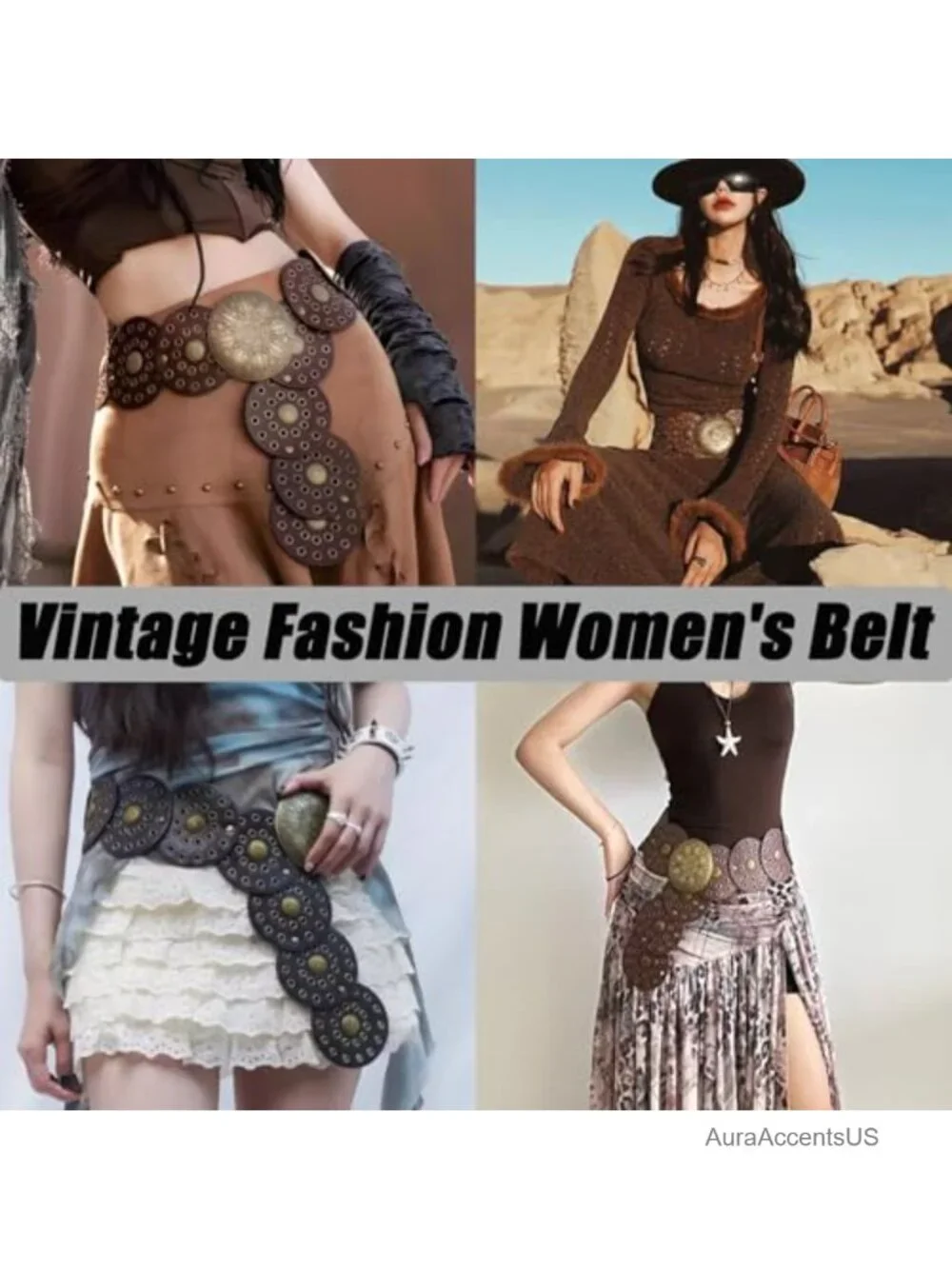 Women's Western Boho Wide Disc Belt Faux Leather Chunky Vintage Waist Belt